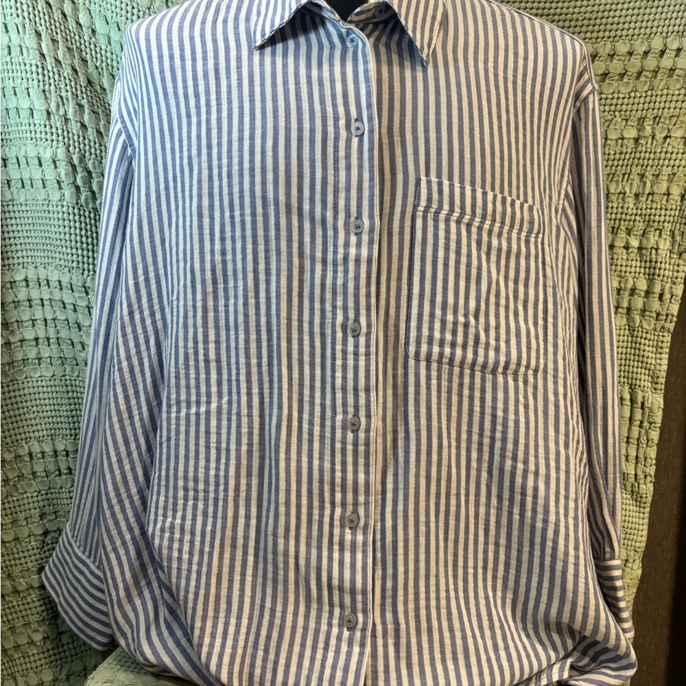 Lane Bryant Men's Blue and White Striped Button Down Shirt